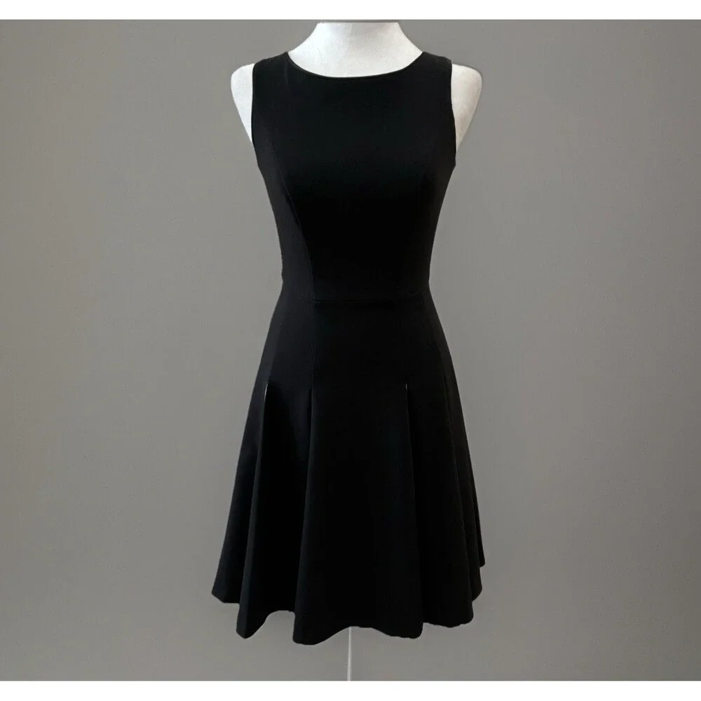 White House Black Market Dress Size 00 Black Fit & Flare Pleated White Insets - Picture 3 of 5